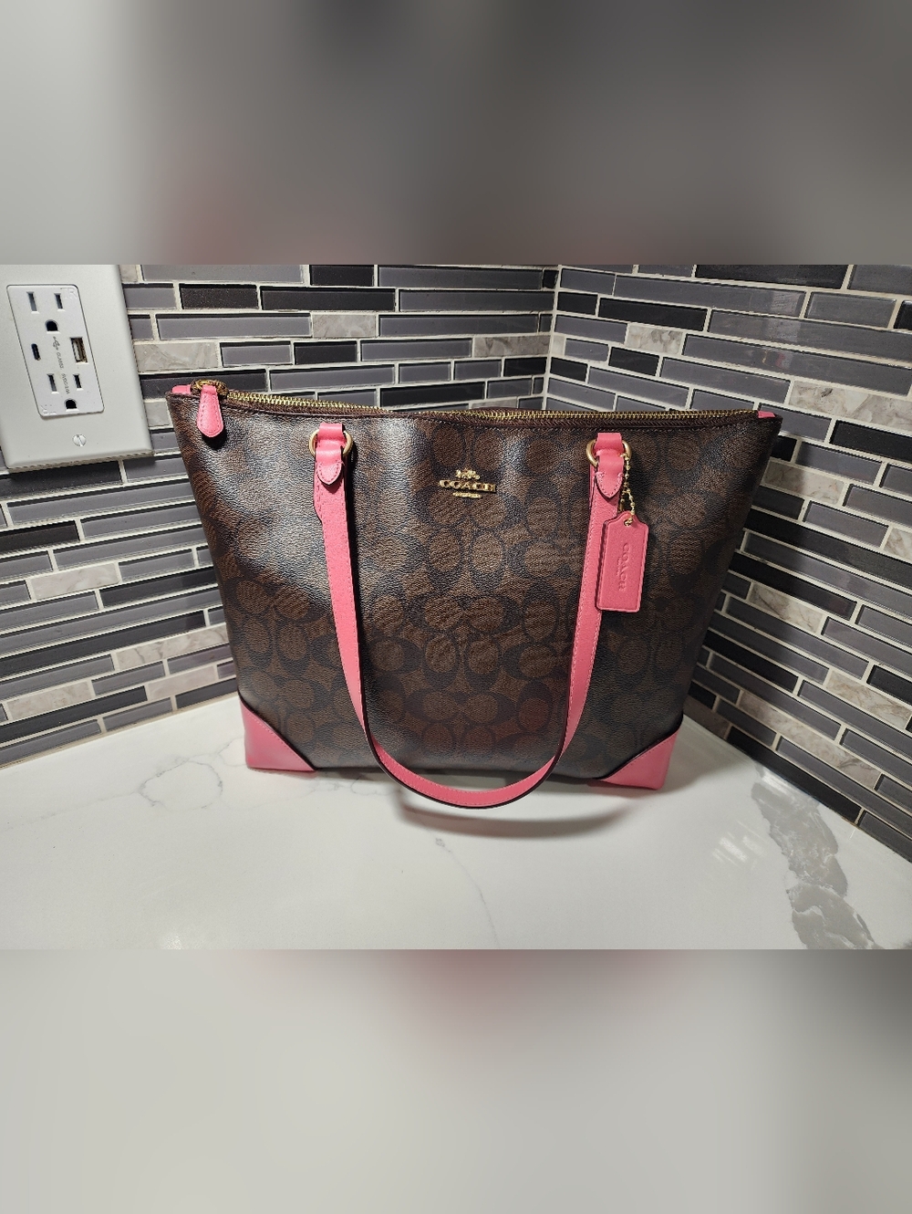 Coach Brown Signature Tote with Pink Trim - Coach